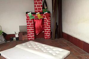 Stepbrother and stepsister alone at home start affectionate touches in bed during cleaning