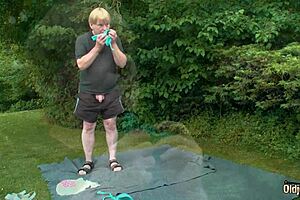 hot brunette bends over for doggystyle sex in the park