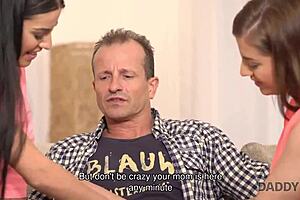 Eveline and Silvia, lovely young chicks, seduce the old daddy