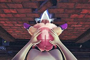 Makai Kishi from Taimanin Asagi 3 in 3D SFM animation, stuck in a wall, gives the best blowjob with massive cumshot.