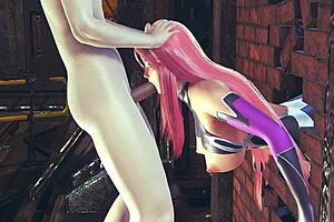 Makai Kishi from Taimanin Asagi 3 in 3D SFM animation, stuck in a wall, gives the best blowjob with massive cumshot.