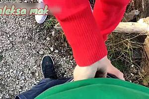 Big squirt outdoor handjob for stranger. Cumshot closeup.