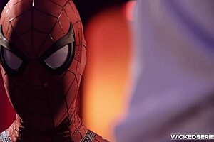 Blake Blossom rides hard in Spidey pool parody scene, deepthroating and cowgirling.