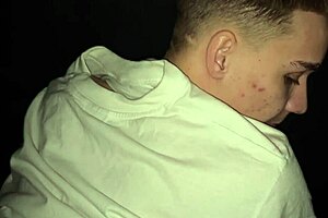 Two guys bareback fuck and cum on ass in dark room.