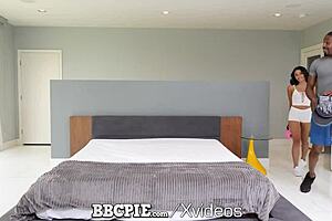 Wet pussy brunette lets boxing instructor creampie her with big black cock.