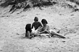 Vintage lesbians loving nature in outdoor threesome