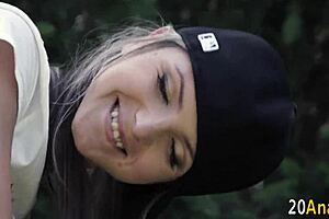 Petite European babe gets ass fucked outdoors, cum on ass