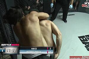 brunette girl with natural tits wins the fight prize