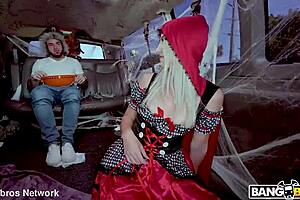 blonde shaved girl rides hard, gets facial creampie and cumshot in little red riding hoe story