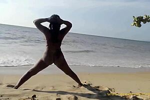 Ebony Babe Performs Intense Naked Workout On Public Beach
