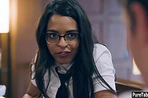 Cute latina teen tricked into threesome blowjob with monster cock