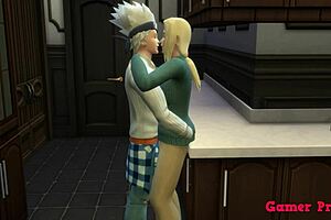 Tsunade begs Kakashi to fuck her ass in the kitchen!