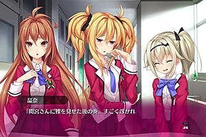 In this bukkake hentai game, the girl gets covered in cum while masturbating.