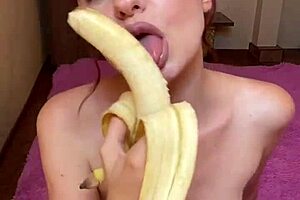 Hot Brunette Teen 18+ Sucks Banana Seductively in Food Play Scene