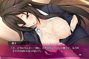 In this bukkake hentai game, the girl gets covered in cum while masturbating.