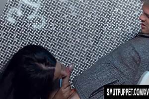 hey, british slut elicia solis bends over for doggystyle blowjob in the public bathroom