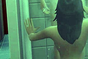 Detailed blowjob scene in a public toilet with bathing and shower elements