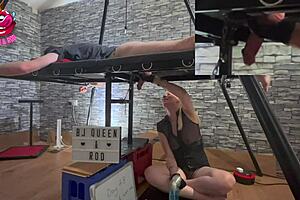 blonde british milf mistress uses milking table for chastity unlock and ruined orgasms