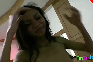 Skinny thai girl gets cumshot on her pussy close up between legs