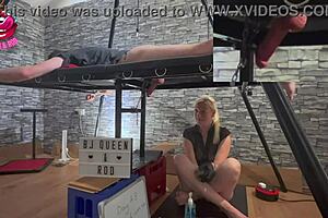 blonde british milf mistress uses milking table for chastity unlock and ruined orgasms