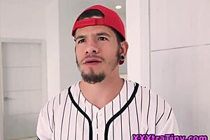 In this teamskeet scene, a petite cosplay teen gets a facial after intense action.