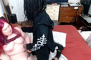 black tranny spills cum over chubby shemale tits after intense handjob. those big nipples and fat curves steal the show.