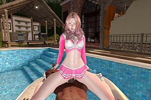 m1 cartoon character splashing in the outdoor pool