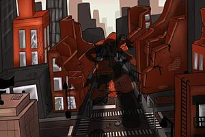 The huge, tall Halloween goddess contrasts with femdom intrigue.