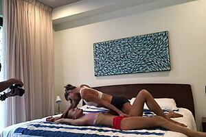 blonde lesbian teasers play horny backstage with skinny friends