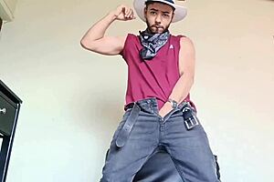 young man with hat and jeans strips naked and cums very hot