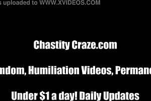 Slave trapped in chastity device for femdom humiliation