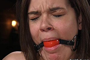 Rough slave with small tits gagged and tied up gets her ass whipped hard