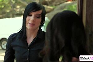 lesbian delivery crew fucks petite client with strapon