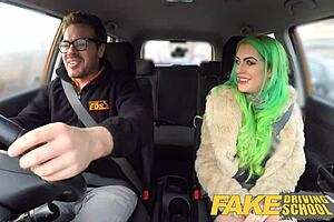 tattooed busty beauty in fake driving school wild fuck ride