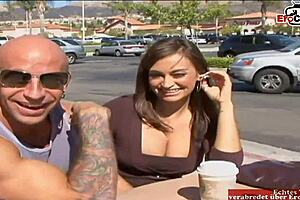 sexy brunette teen sucks big cock and swallows cum after pickup.