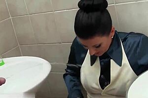 glamorous babe intensely sucks cock in bathroom after peeing