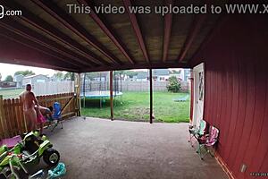 Wife sucking and fucking into creampie on back porch in broad daylight