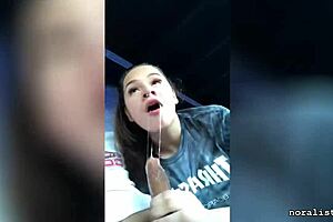 Latina girlfriend gives car blowjob publicly