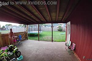 Wife sucking and fucking into creampie on back porch in broad daylight