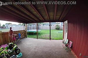 Wife sucking and fucking into creampie on back porch in broad daylight