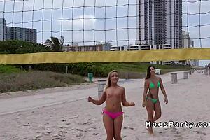 Sexy amateur teen 18+ flashes and engages in group fucking at the beach