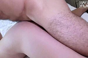 Hairy jock unloads huge cumshot on freshmen babe 😏