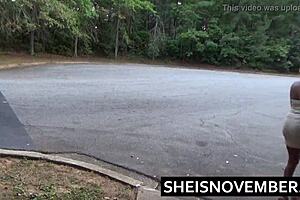 Descriptive scene of ebony babe msnovember squatting to piss in public, walking and squatting