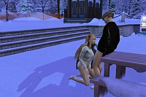 in this 3d game, on a snowy day, the couple fucks in public