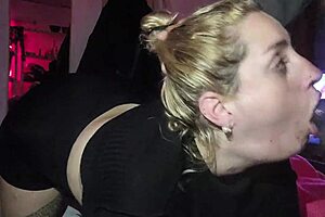 Choking on neighbor's cock on all fours with intense detail and deep throat action