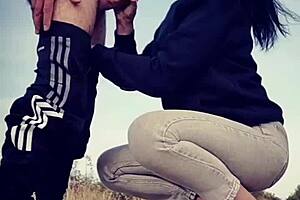 She gives a blowjob then bends over for doggystyle on the road.