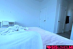 Stepsister Mira Monroe surprises stepbrother by masturbating with small tits and big cock in bedroom