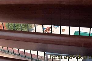 Blonde slut gives blowjob and fucks hairlessly at the outdoor pool party