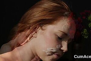 Frisky model gets cumshot on face, gulps it all!