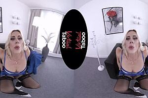 Blonde with big tits and shaved pussy masturbates in office POV taboo scene.